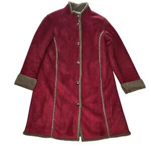 LL Bean Coat Womens XL Red Tan Faux Suede Sherpa Lined Button Long Bohemian Boho